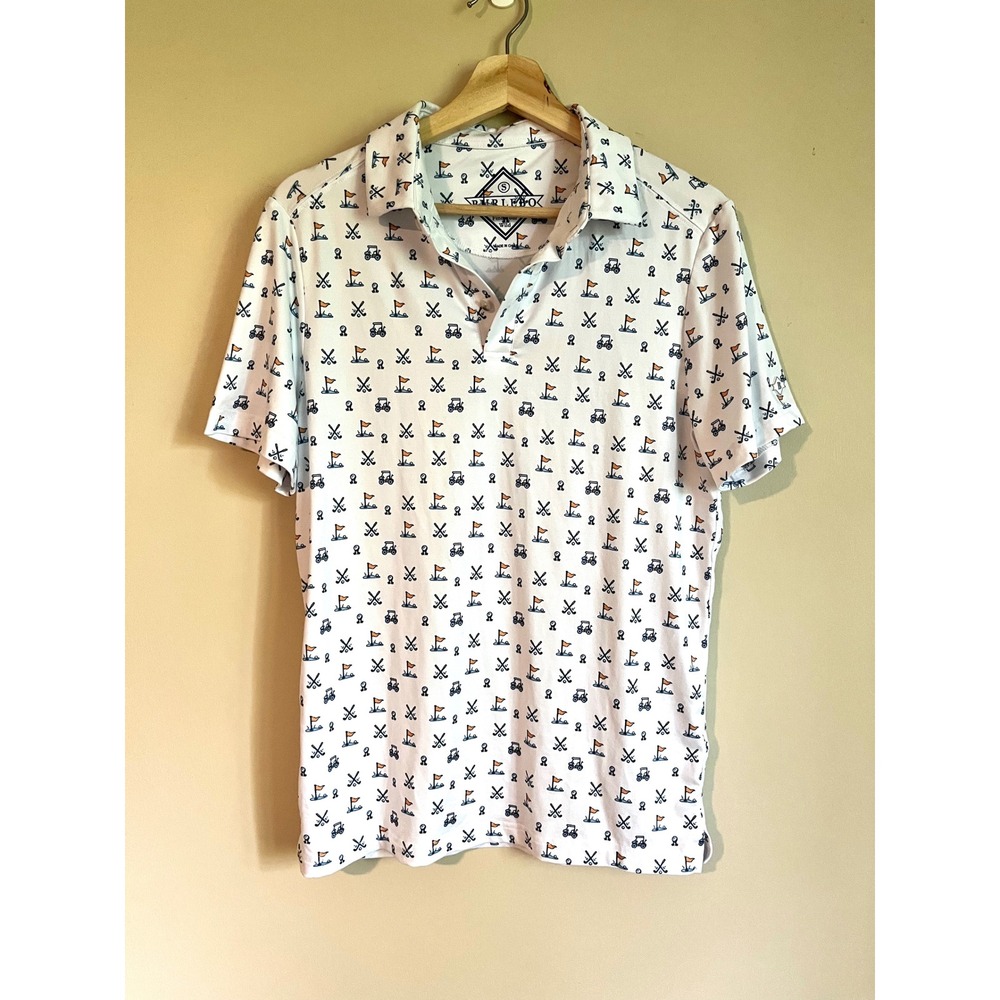 Burlebo Mens White Golf Cart Clubs Novelty Print Performance Polo Shirt Size S